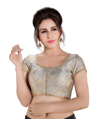 Women's Grey Dupion Silk Brocade Party Wear Readymade Saree Blouse 1