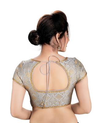 Women's Grey Dupion Silk Brocade Party Wear Readymade Saree Blouse 2