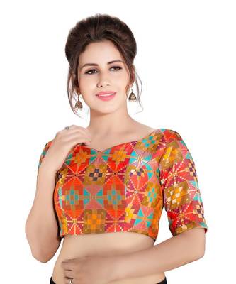 Women's Multicolor Dupion Silk Brocade Readymade Saree Blouse 1