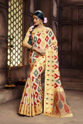 Cream Red Pure Banarasi Silk Saree Designer  Fasion 1