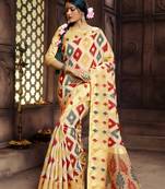 Cream Red Pure Banarasi Silk Saree Designer  Fasion