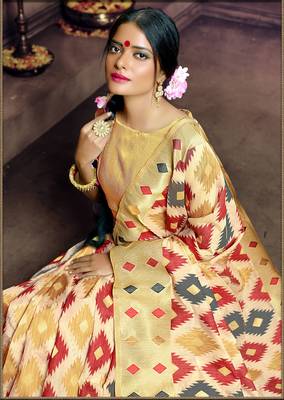 Cream Red Pure Banarasi Silk Saree Designer  Fasion 2