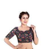 Women's Navy Blue Velvet Embroidered Casual Wear Readymade Saree Blouse