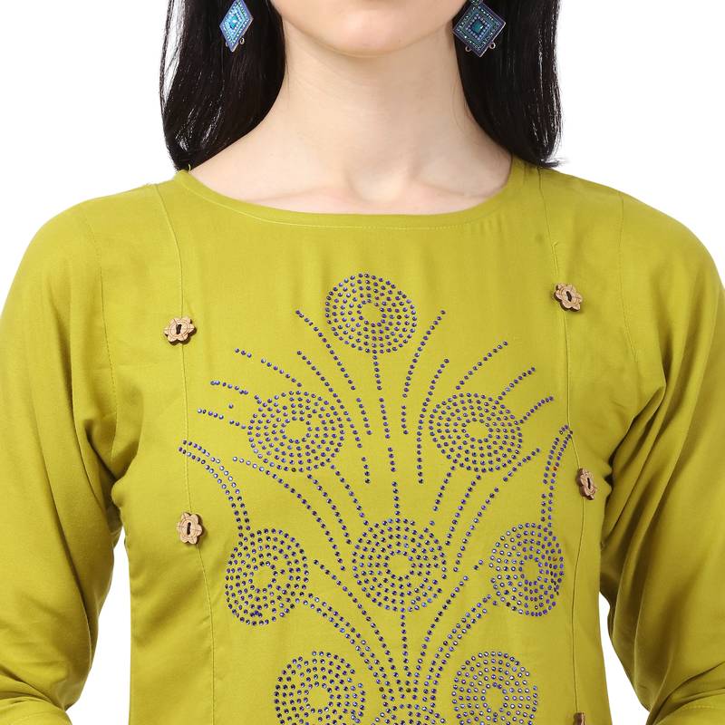 Parrot Green Heavy Rayon Emblished kurti