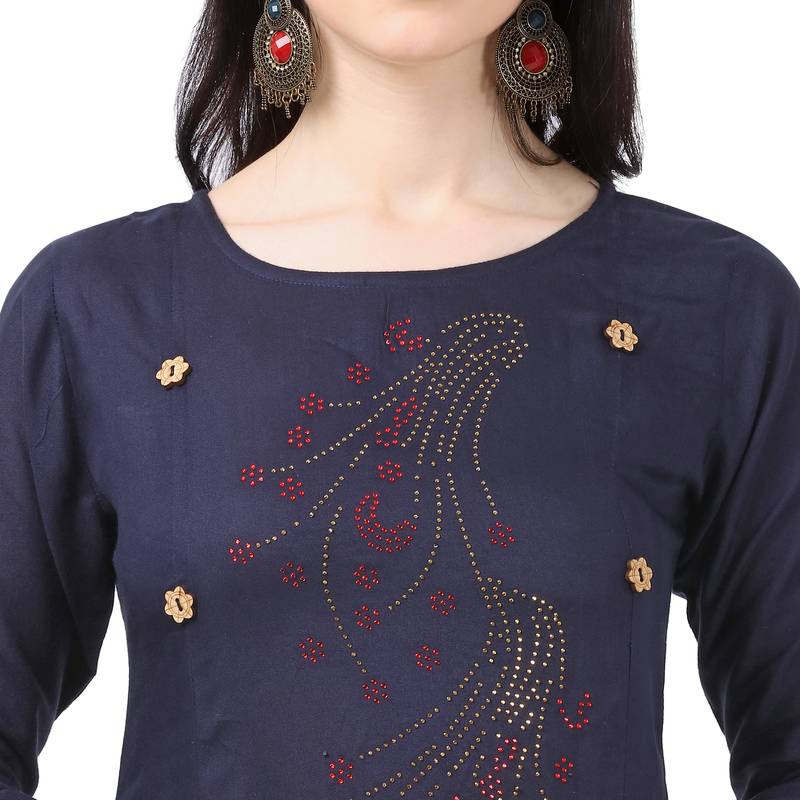 Navy Blue Heavy Rayon Emblished kurti