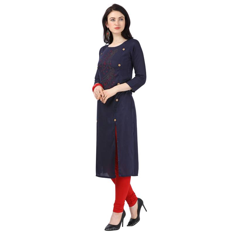 Navy Blue Heavy Rayon Emblished kurti