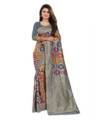 Grey Woven Banarasi Saree With Blouse 1