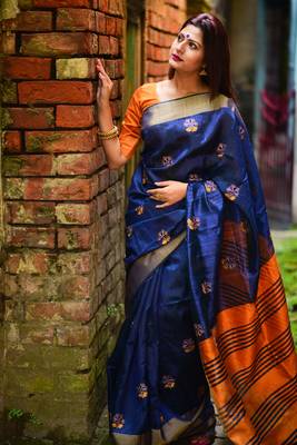 Navy blue raw silk saree 2