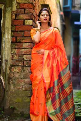 Orange raw silk saree 1