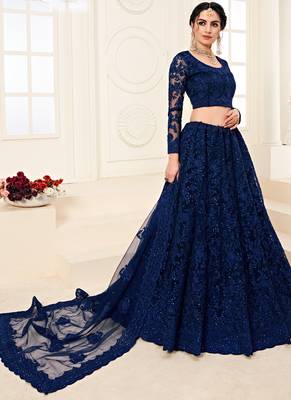 Cobalt Blue Designer Wedding Wear Embroidery Lehenga 2
