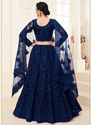 Cobalt Blue Designer Wedding Wear Embroidery Lehenga 3