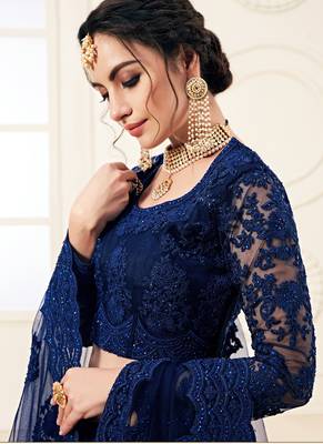 Cobalt Blue Designer Wedding Wear Embroidery Lehenga 4