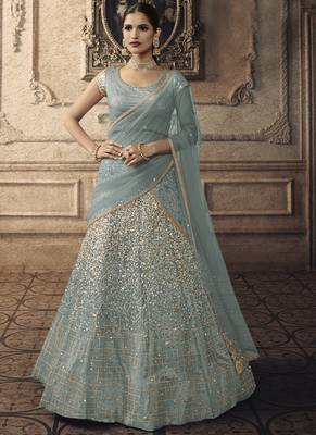 Cyan Designer Wedding Wear Embroidery Lehenga 1