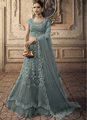 Dark Aqua Blue Designer Wedding Wear Embroidery Lehenga 2