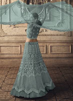Dark Aqua Blue Designer Wedding Wear Embroidery Lehenga 3