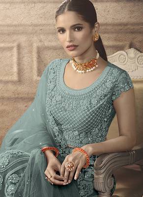 Dark Aqua Blue Designer Wedding Wear Embroidery Lehenga 4