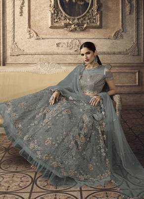 Grey Designer Wedding Wear Embroidery Lehenga 3