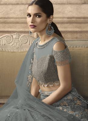Grey Designer Wedding Wear Embroidery Lehenga 4