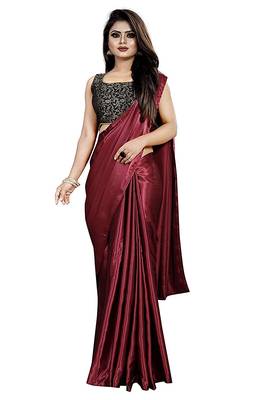Maroon Plain Satin Saree With Blouse 1
