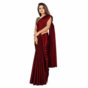 Maroon Plain Satin Saree With Blouse 2