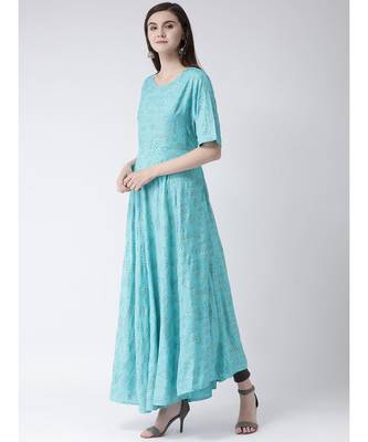 Women Turquoise Rayon Flared Kurta 2
