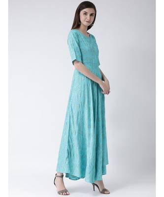 Women Turquoise Rayon Flared Kurta 3