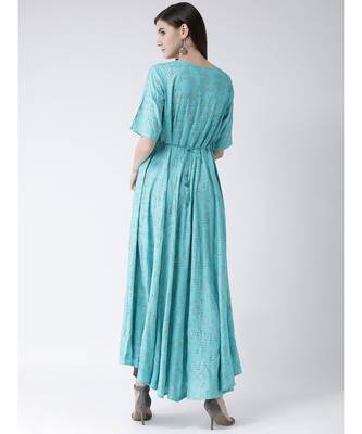 Women Turquoise Rayon Flared Kurta 4