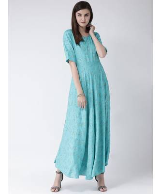 Women Turquoise Rayon Flared Kurta 5