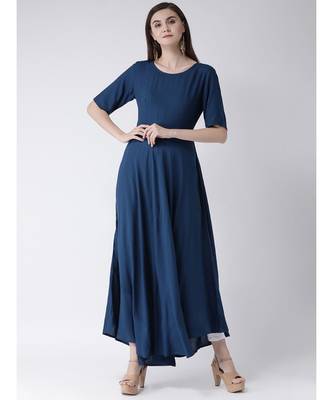 Women Oxford Blue Rayon Flared Kurta 1