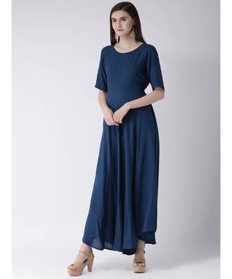 Women Oxford Blue Rayon Flared Kurta 2