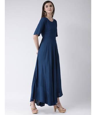 Women Oxford Blue Rayon Flared Kurta 3
