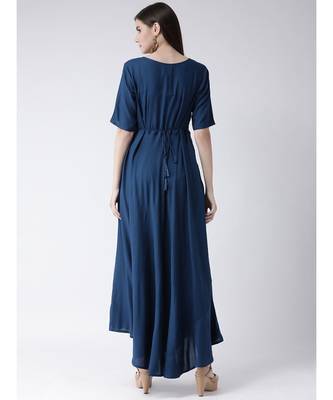 Women Oxford Blue Rayon Flared Kurta 4