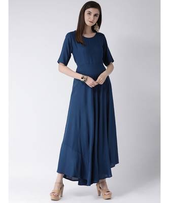 Women Oxford Blue Rayon Flared Kurta 5