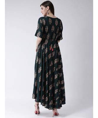 Women Oxford Green Rayon Flared Kurta 4