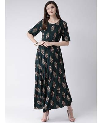 Women Oxford Green Rayon Flared Kurta 5