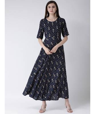 Women Navy Blue Pure Cotton Flared Kurta 1