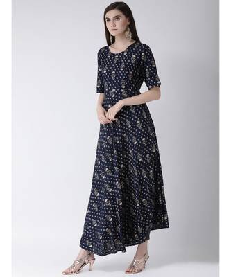 Women Navy Blue Pure Cotton Flared Kurta 2