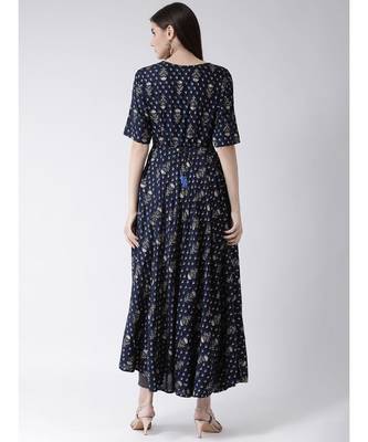 Women Navy Blue Pure Cotton Flared Kurta 4