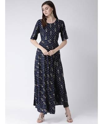 Women Navy Blue Pure Cotton Flared Kurta 5
