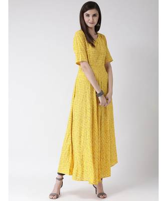 Women Yellow Pure Cotton Flared Kurta 5