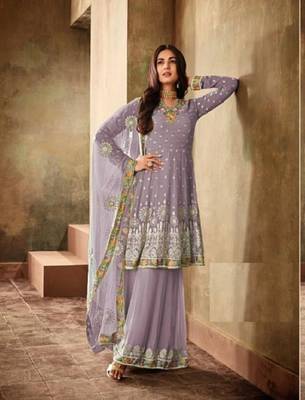 Purple Georgette Embroidered Work With Long Straight Suit And Sharara 1