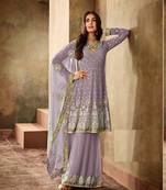 Purple Georgette Embroidered Work With Long Straight Suit And Sharara