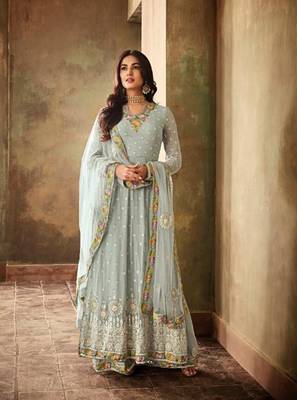 Sky Georgette Embroidered Work With Long Straight Suit And Sharara 1