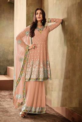 Light Peach Georgette Embroidered Work With Long Straight Suit And Sharara 1