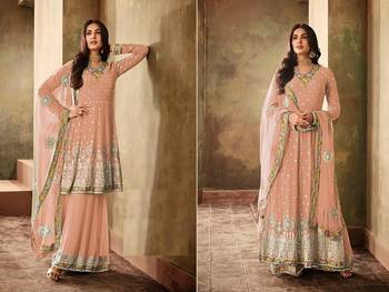 Light Peach Georgette Embroidered Work With Long Straight Suit And Sharara 2
