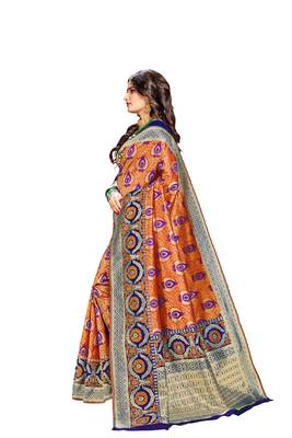 Orange plain banarasi silk saree with blouse 2