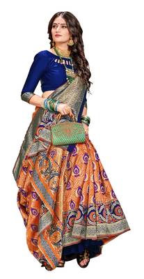 Orange plain banarasi silk saree with blouse 3