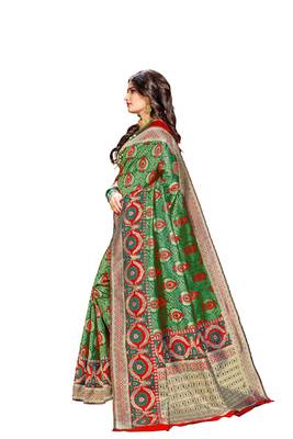 Green plain banarasi silk saree with blouse 2