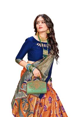 Orange plain banarasi silk saree with blouse 4