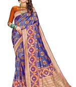 Blue plain banarasi silk saree with blouse